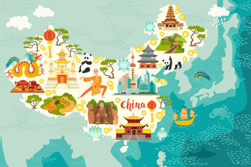 Illustrated map of China. Vector illustration for kid and children. Chinese travel landmarks. Asian abstract map
