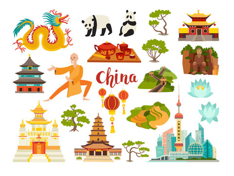 China landmarks vector icons collection. Chinese travel attraction. China landmarks: Shanghai cityscape, Temple and dragon. Shaolin monk, pandas and rice fields