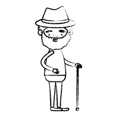 blurred silhouette of full body elderly man in walking stick wit