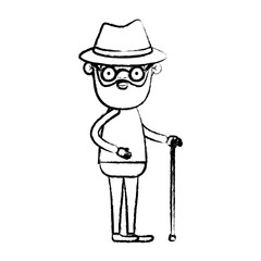 blurred silhouette of full body elderly man in walking stick wit