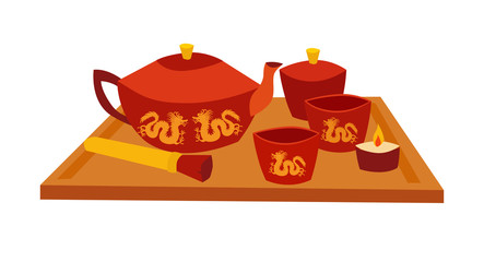 Tea teremony tool vector card. Traditional chinese teapot and cups. Flat cartoon vector illustration, isolated on white background