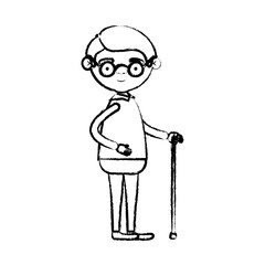 blurred silhouette of full body elderly man in walking stick with glasses