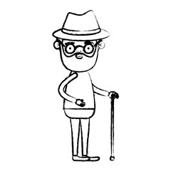 blurred silhouette of full body grandfather in walking stick with beard and glasses