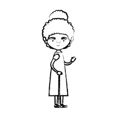 blurred silhouette of full body elderly woman in walking stick with dress and curly collected hairstyle