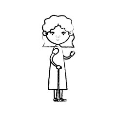 blurred silhouette of full body elderly woman in walking stick with dress and short hairstyle