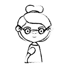 blurred silhouette of half body elderly woman in dress with collected hairstyle and glasses