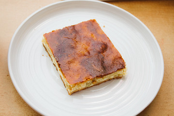 Piece of fresh baked homemade rhubarb apple cake