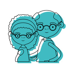 half body elderly couple with grandmother bow lace and curly hairstyle and grandfather with glasses in blue watercolor silhouette