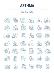 Vector graphic set.Isolated Icons in flat, contour, thin, minimal and linear design. Asthma disease. Problem, symptom, allergen, treatment.Concept illustration for Web site.Sign,symbol, element.
