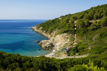 Fototapeta na wymiar View from the top of the beach of Krifi Ammos on the island of Skiathos Greece, the sea is green and turquoise surrounded by rich vegetation