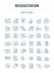 Vector graphic set. Isolated Icons in flat, contour, thin, outline, minimal and linear design. First aid to man. Ambulance. Procedure, equipment. Support patient life.Concept illustration.Sign,symbol.
