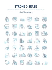 Vector graphic set.Isolated Icons in flat, contour, thin, minimal and linear design.Stroke disease.Symptom, treatment, causes of development.Concept illustration for Web site.Sign,symbol, element.