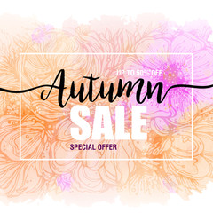 poster autumn sales on a floral watercolor background. Card, label, flyer, banner design element. Vector illustration