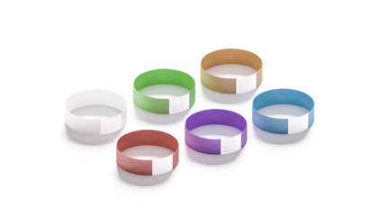 Blank colored paper wristbands mockups, 3d rendering. Empty event wrist bands design mock up. Cheap color hand bracelets template, isolated. Clear bangle wristlet set with sticker. Concert armlet
