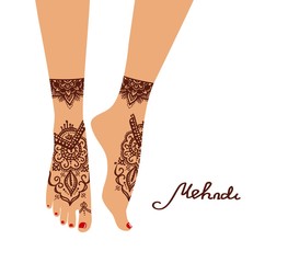 Element yoga mudra legs with mehendi patterns. Vector illustration for a yoga studio, tattoo, spas, postcards, souvenirs. Indian tradition