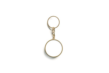 Blank gold round white key chain mock up isometric view, 3d rendering. Clear golden circular keychain design mockup isolated. Empty plain keyring souvenir holder template. Steel circle trinket label