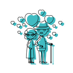 caricature full body elderly couple embraced with floating heart
