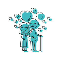 caricature full body elderly couple embraced with floating heart