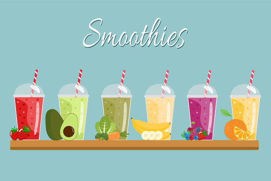 Orange, strawberry, berry, banana and avocado fresh juices on wooden board texture background.  Flat design. Vector illustration.