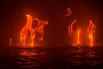 Wall murals Brown Lava Flowing Into the Pacific Ocean at Night, Big Island, Hawaii