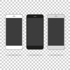Colored concept of modern phones with empty screens, realistic white, gold and black mobile templates on transparent background. High quality vector illustration.