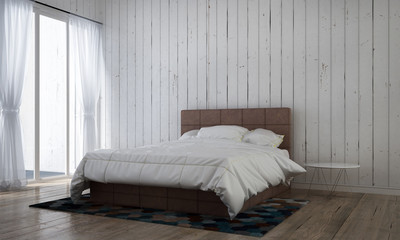 The interior design of bedroom and white wood wall backgeound / 3D rendering new scene interior design