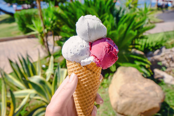 Woman holding tasty ice cream at sea resort