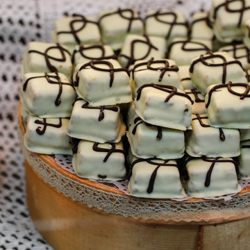 chocolate candies with filler lined in the display case