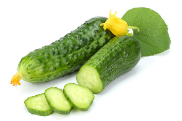 cucumber with sliced cucumber and leaf isolated on white background