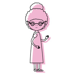 full body elderly woman in dress with curly collected hairstyle and glasses in pink watercolor silhouette