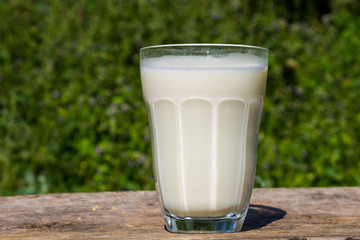 Glass of milk on wooden table with nature background