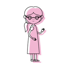 full body elderly woman in dress with side ponytail hairstyle and glasses in pink watercolor silhouette