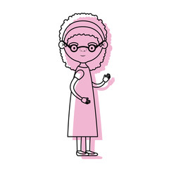 full body elderly woman in dress with bow lace and curly hairstyle with glasses in pink watercolor silhouette