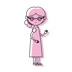 full body elderly woman in dress with side bun hairstyle and glasses in pink watercolor silhouette