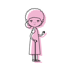 full body elderly woman in walking stick with dress and curly side bun hairstyle in pink watercolor silhouette