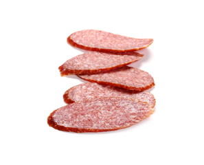 Salami sausage slices isolated on white background