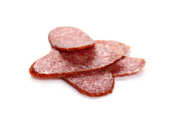 Salami sausage slices isolated on white background