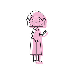full body elderly woman in walking stick with dress and collected hairstyle in pink watercolor silhouette