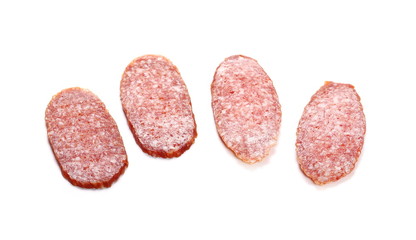 Salami sausage slices isolated on white background