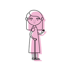 full body elderly woman in walking stick with dress and straight medium hairstyle in pink watercolor silhouette