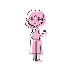 full body elderly woman in walking stick with dress and side collected hairstyle in pink watercolor silhouette