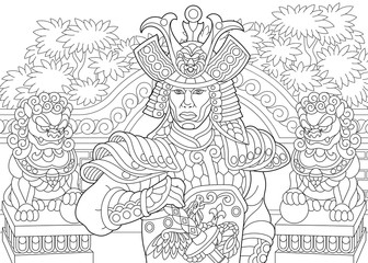 Coloring page of japanese samurai with lion statues on the background. Freehand sketch drawing for adult antistress coloring book in zentangle style.