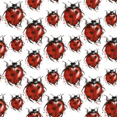 Watercolor drawing of an insect ladybird in a heluin theme with black skulls on the back with splashes on a white background, horror story, predominates red and black color, seamless pattern