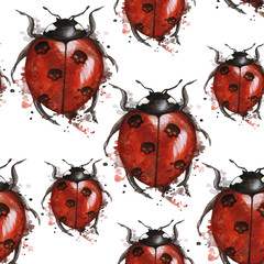Watercolor drawing of an insect ladybird in a heluin theme with black skulls on the back with splashes on a white background, horror story, predominates red and black color, seamless pattern