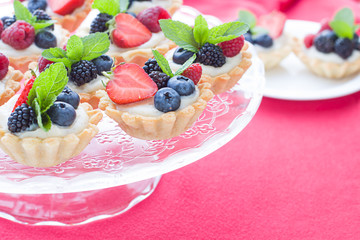 Mini tarts on the plate close up. Homemade dessert with delicious catalonian traditional cream and fresh berries