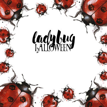 Watercolor drawing of an insect ladybird in a heluin theme with black skulls on the back with splashes on a white background, horror story, predominantly red and black, print, decor
