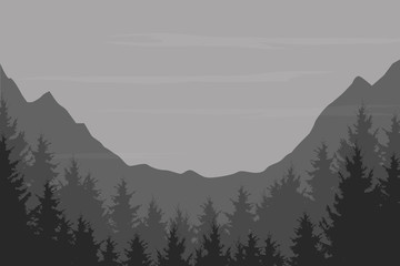 Vector flat vintage illustration of a panoramic night mountain landscape with a wood under the sky with cloud