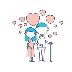 faceless caricature full body elderly couple embraced with floating hearts grandfather with moustache in walking stick and grandmother with straight hair in color section silhouette
