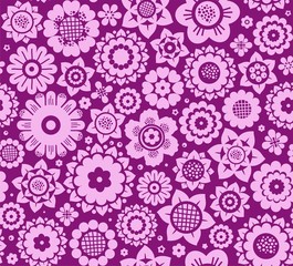 Flowers, background, seamless, Magenta-purple, vector. Decorative pink flowers on a purple background. Floral seamless background. 