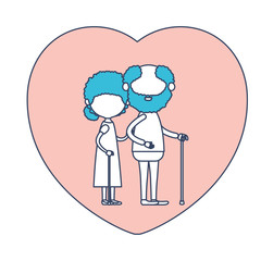 faceless caricature full body elderly couple in heart shape greeting card embraced with bearded grandfather in walking stick and grandmother with curly collected hair in color section silhouette